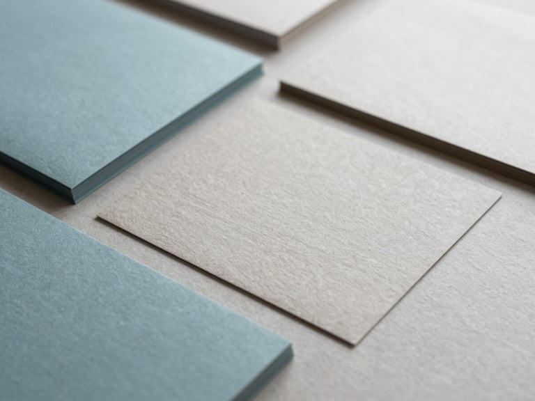 Overhead flat-lay of textured paper stocks and elegant print finishes in soft natural daylight, muted cerulean and warm stone gray tones, shallow depth of field, 35mm