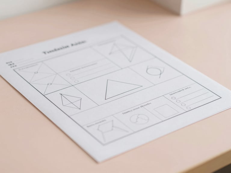 A printed educational activity sheet with clean geometric shapes and clear instructions lying on a pastel desk, soft morning light, shallow depth of field