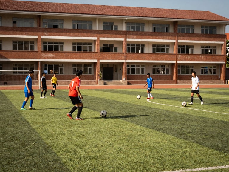 Students playing soccer on the school field, bright natural daylight, wide-angle shot, school building in the background, rich deep tones.