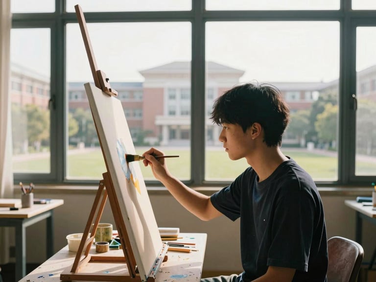 A student painting in an art studio, soft morning sun, medium shot, focus on the canvas and brushstrokes, campus architecture visible through window.