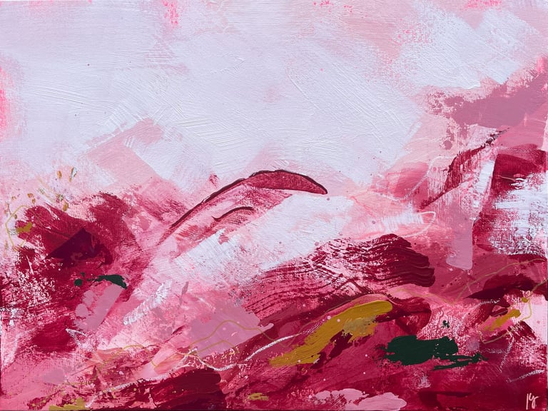 Kate Young abstract painting, size 18x24, rose and crimson and white, Guelph Artist