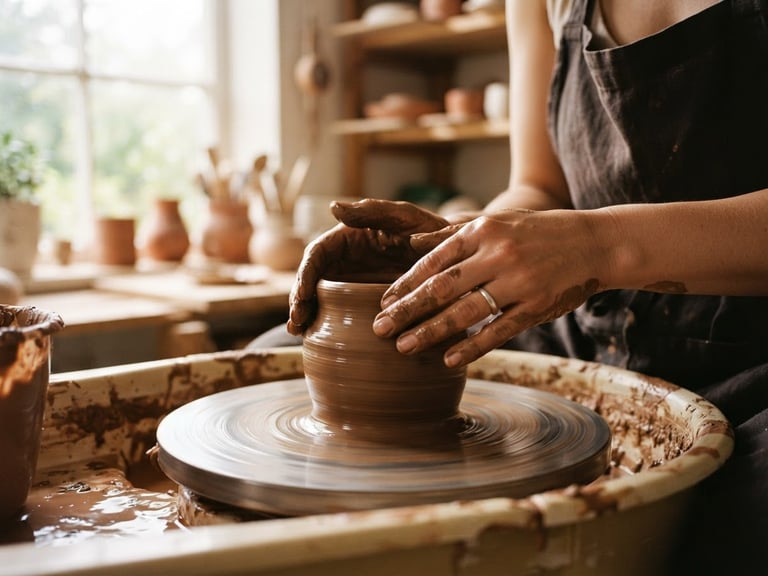 Hands gently shaping a piece of wet clay on a pottery wheel in a sunlit studio, warm morning light, shallow depth of field, rich saturated earthy tones.