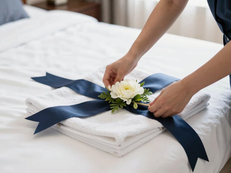 Medium close-up of professional hands arranging elegant floral decorations and folded towels on a pristine hotel bed, bright daylight