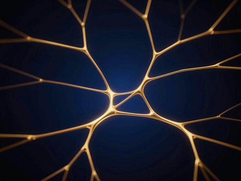 Abstract golden light patterns representing neural networks, high contrast dark-mode, deep blue ambient fills, sleek editorial photography, 35mm lens