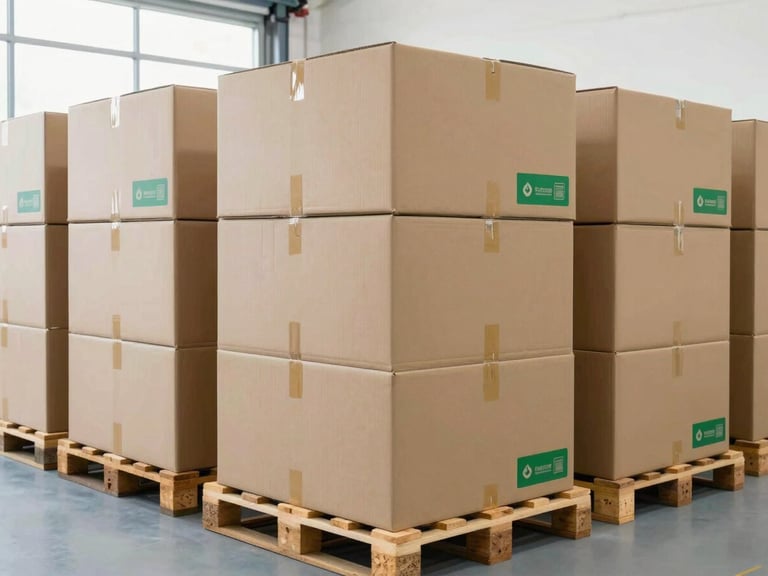 Organized logistics center, cardboard boxes neatly stacked on wooden pallets, bright high-key daylight, professional shipping environment