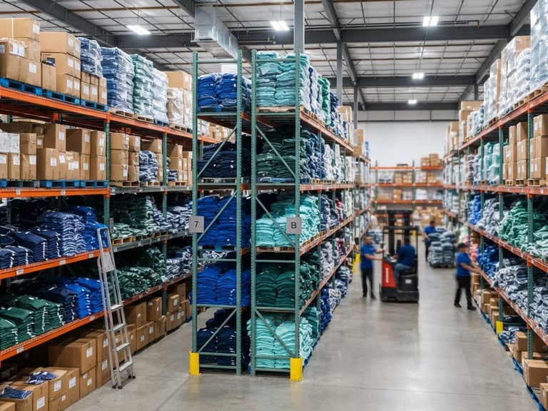 Bright wholesale warehouse interior, neatly stacked apparel inventory on high shelves, clean commercial lighting, crisp blue and green tones, sharp focus