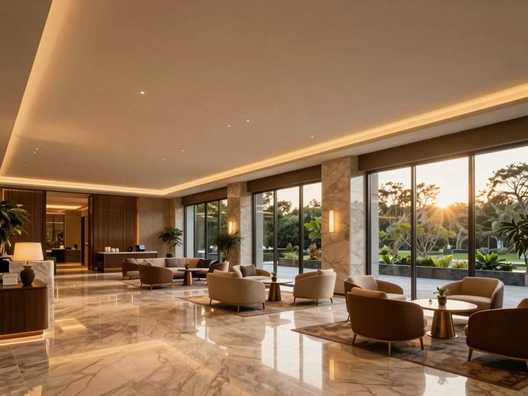 Modern luxury apartment lobby interior, warm ambient lighting, high ceilings, polished marble floors, large glass windows showing green foliage outside, elegant contemporary furniture.