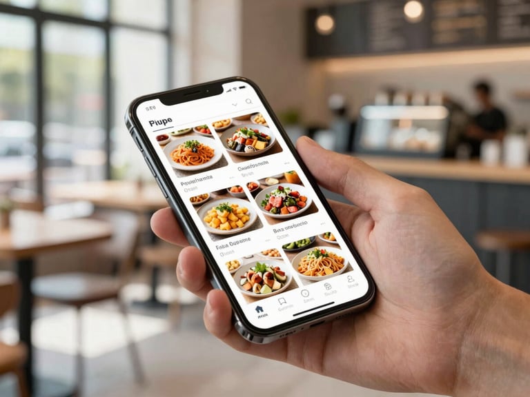 A hand holding a mobile device showing a fast-loading digital menu with crisp food images, bright natural daylight, clean modern café background.