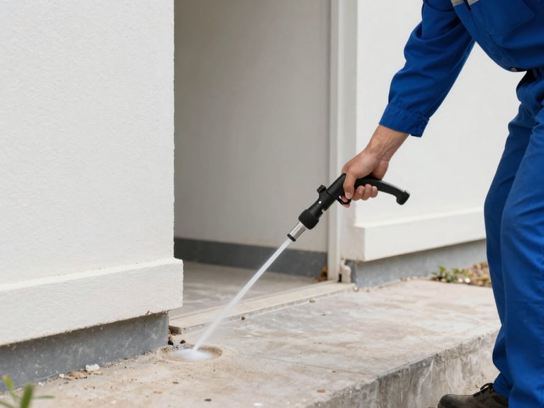 Technician applying a liquid termiticide around a building foundation, focus on the application nozzle and the ground, bright daylight
