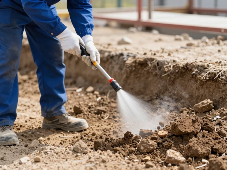 Construction worker spraying termiticide onto excavated soil before foundation work, focus on the soil and spray, bright daylight