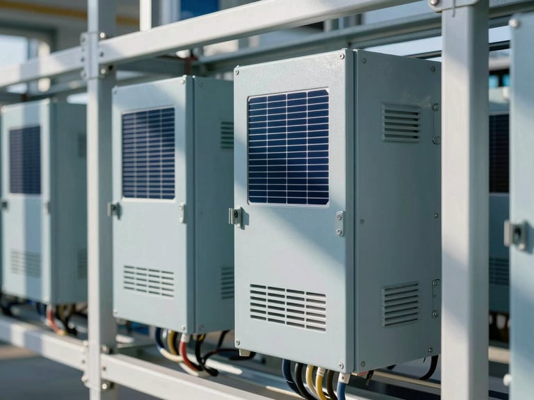 Close-up of industrial solar inverters and neatly routed heavy-duty wiring inside a clean, modern plant room, bright direct sunlight casting crisp technical shadows