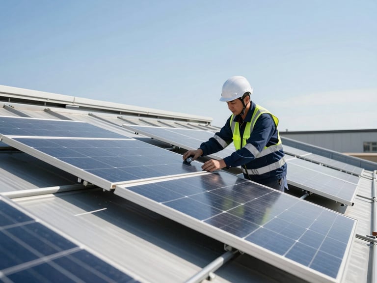 A professional solar technician in safety gear and helmet calibrating a rooftop solar panel array under bright midday sun, architectural framing
