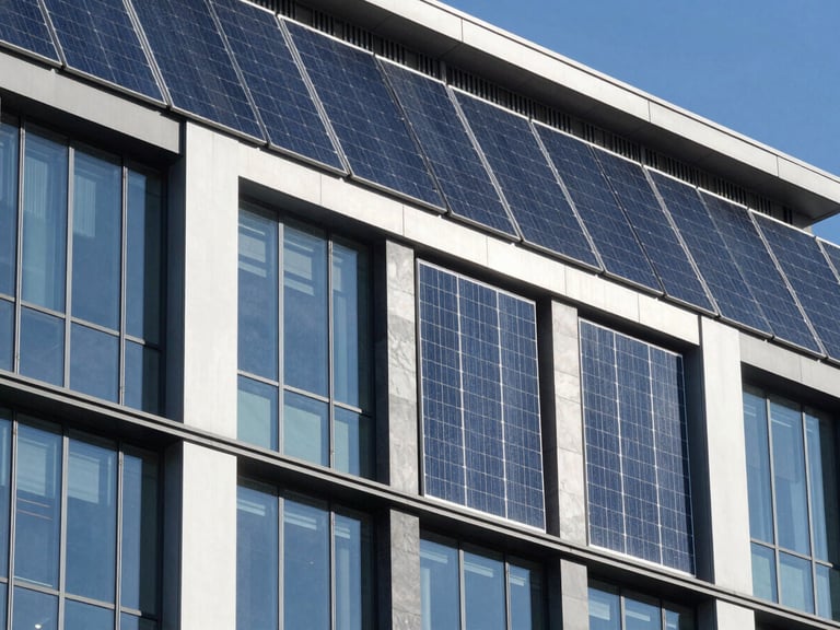 Modern commercial building facade with sleek solar panels integrated into the architecture, bright sunlight, crisp steel and glass details