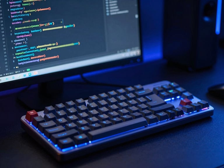 Sleek close-up of developer workspace, mechanical keyboard, code editor displaying clean TypeScript syntax on screen, neon blue ambient lighting, 35mm