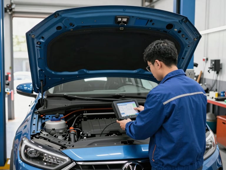 Straight-on medium shot of a clean auto shop bay with bright natural workshop light, a mechanic analyzing a diagnostic scanner screen under an open hood, cool blue tones.