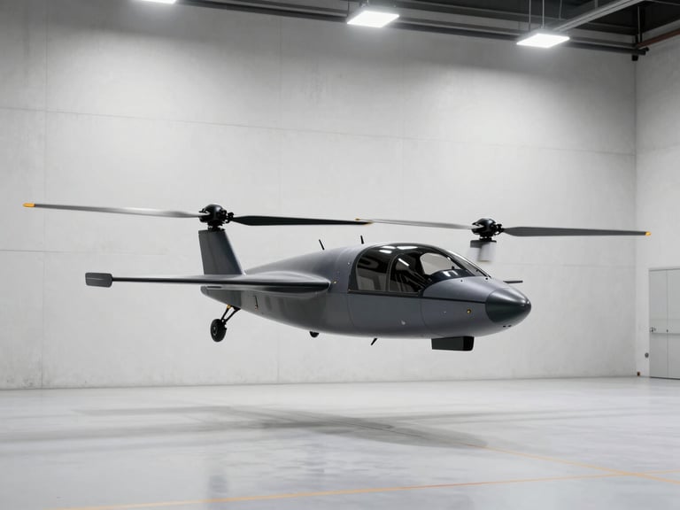 Wide three-quarter view of a flying car prototype on a clean hangar floor under bright studio strobes, rotors visible above cabin, shot against a stark white concrete wall, no background clutter