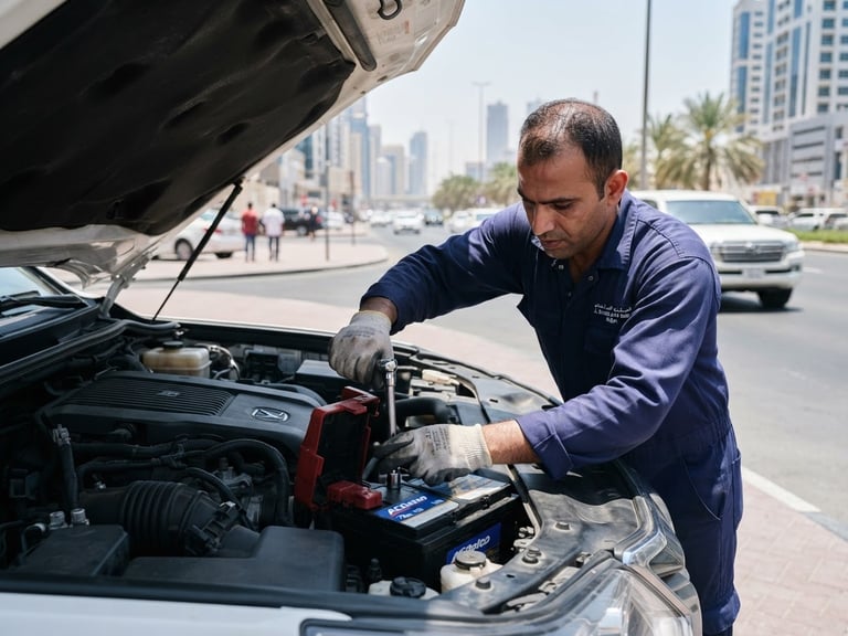 A bright, high-contrast action shot of a professional technician in a clean branded uniform installing a car battery under the open hood of a modern SUV on a Dubai roadside, bright midday sunlight.