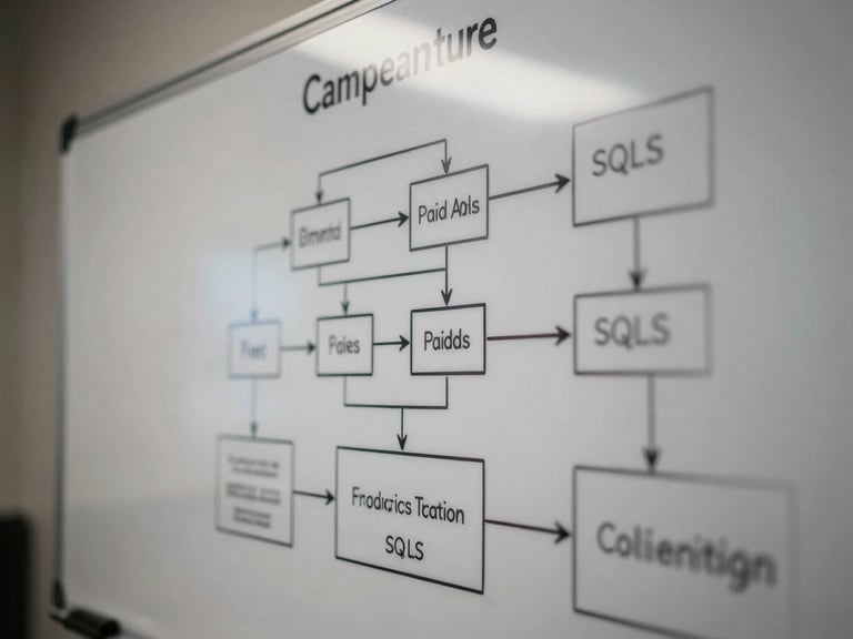 Macro close-up of a physical whiteboard detailing campaign architecture diagrams, technical tracking scripts, flowcharts connecting paid ads to SQLs, sharp low-key ambient light with screen glare reflections.