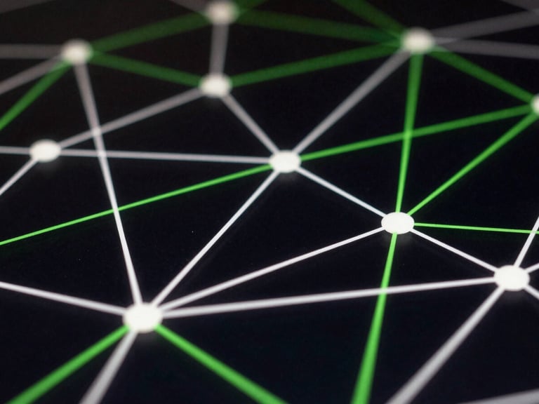 Abstract high-contrast network visualization on a dark screen, sharp green and white lines connecting nodes, macro lens, shallow depth of field.