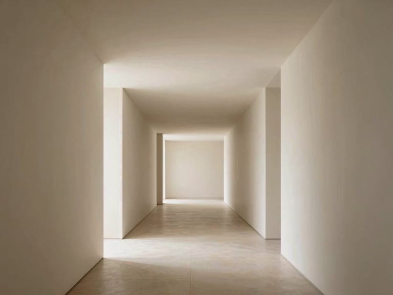 Symmetrical wide shot of a luxury minimalist hallway, clean lines, warm neutral tones, soft diffuse daylight, architectural symmetry
