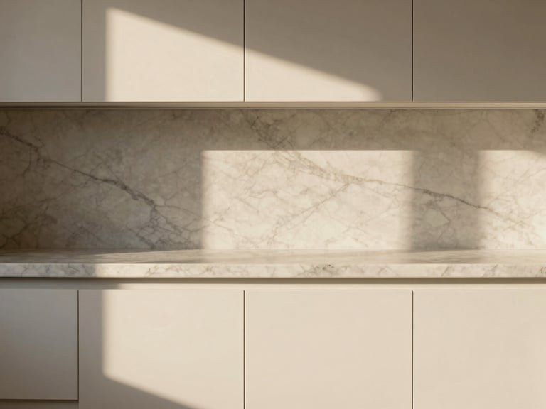 Close-up architectural detail of a luxury kitchen counter, marble texture, soft golden hour sunlight casting elegant shadows, minimalist design, medium format