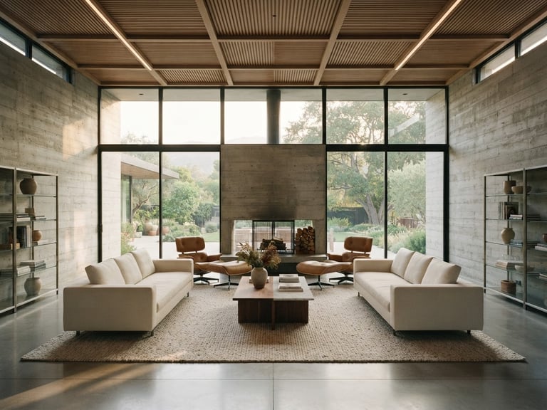 Symmetrical architectural interior of a luxury modern living room, concrete walls, minimalist furniture, soft warm natural daylight streaming through large windows, medium format photography
