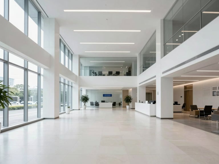 A wide environmental shot of a pristine, modern corporate lobby with clean architectural lines, bright cool daylight streaming through windows