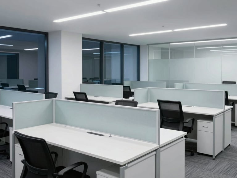 Crisp clean corporate office interior at night, pristine desks and spotless glass partitions, cool professional tones