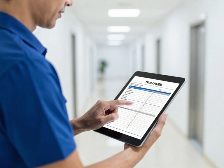 Close-up of a professional day porter updating a digital facility compliance log on a tablet in a spotless corridor, bright corporate lighting