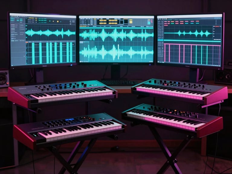 Moody studio shot of two double-tier keyboard stands holding hardware synthesizers under neon cyan and magenta accent lights, a massive four-screen curved monitor array showing glowing audio waveforms in the background, 35mm photography
