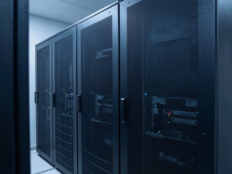 Cool crisp architectural server room with clean lines, geometric compositions, deep slate and blue tones, sharp focus, 35mm lens.
