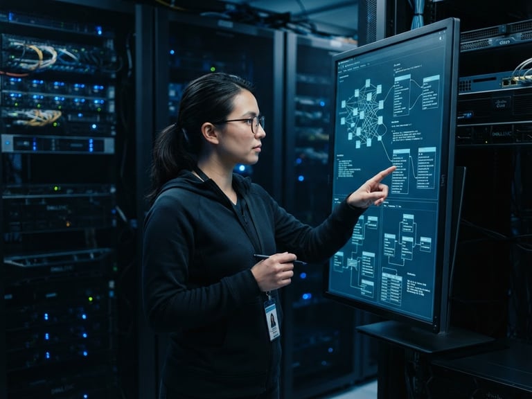 Medium shot of a developer analyzing complex data schemas on a high-resolution screen in a server room, cool crisp architectural lighting with subtle blue tones, 35mm lens, sharp focus