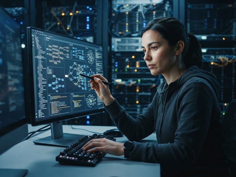 A close-up of a software developer analyzing complex data schemas on a high-resolution screen in a server room with cool, crisp architectural lighting and deep slate tones.