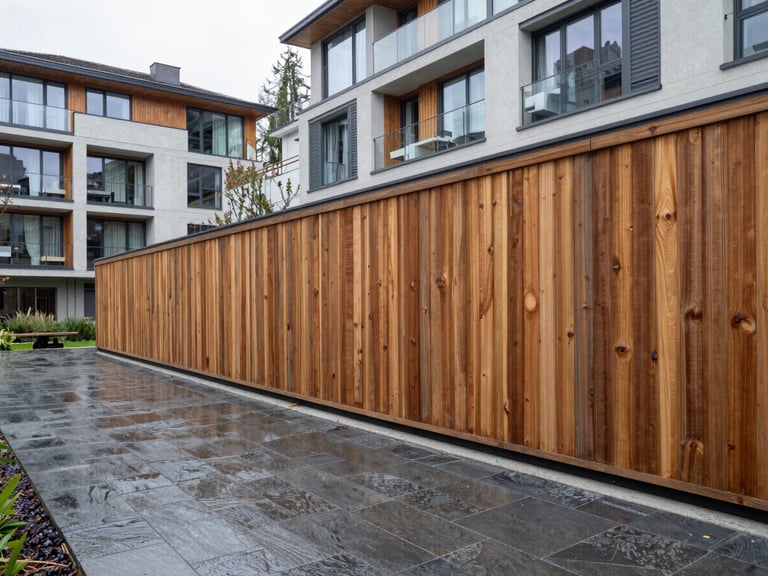 Architectural photography of a modern urban courtyard in Kitsilano, clean dark paving stones, cedar wood privacy screen, wet-look stone texture, soft overcast light.