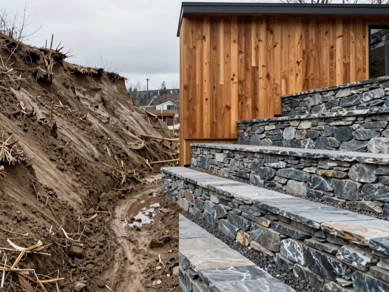 Architectural split-screen style photo showing a muddy, eroding Vancouver hillside on the left, and a completed multi-level stone retaining wall terrace on the right, overcast daylight.