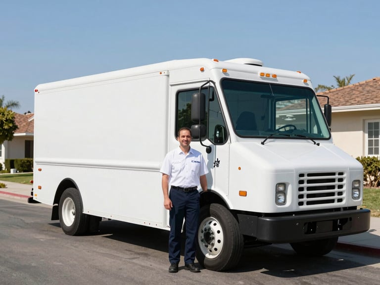 A professional Binjoy driver in a clean uniform smiling next to a modern, well-maintained delivery truck parked on a quiet, tidy Los Alamitos residential street.