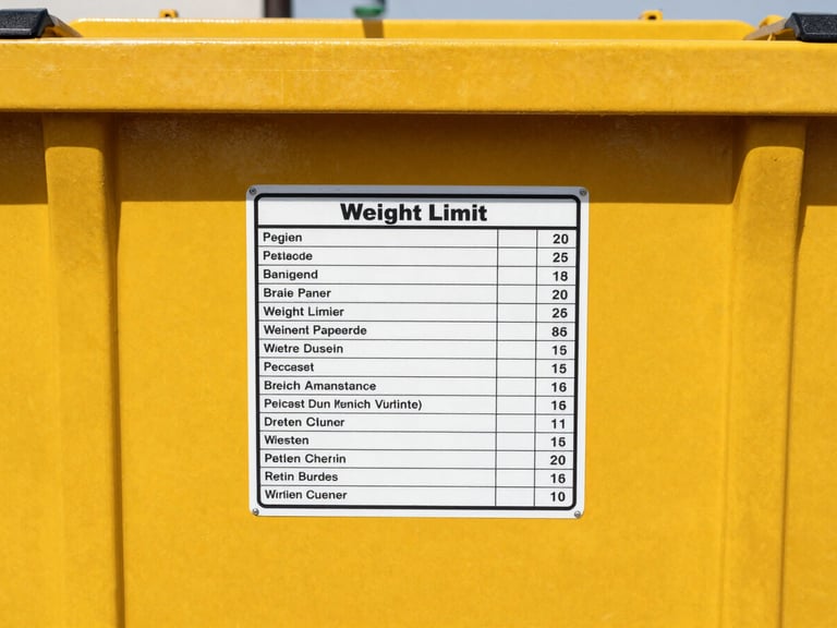 A clear, close-up photograph of a clean weight-limit and pricing label on the side of a bright yellow dumpster, sharp focus, direct sunlight.