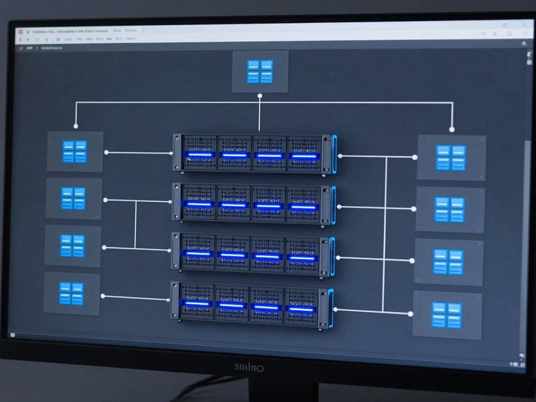 A detailed technical network architecture diagram on a monitor, showing redundant server nodes and firewall configurations, cool blue LED highlights.