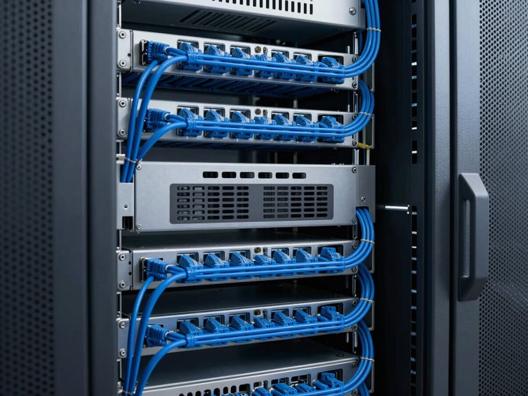 Crisp technical photography of clean enterprise server racks with organized blue cabling, cool-toned technical lighting, sharp focus.