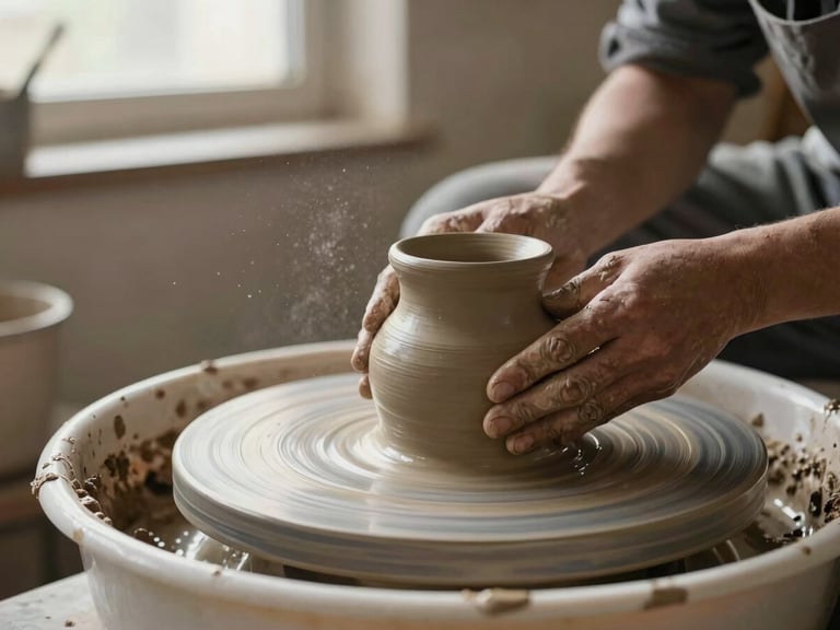 Hands of an artisan shaping a raw clay vessel on a pottery wheel in a warm, sunlit workshop, dust motes in the air, earthy tones, shallow depth of field