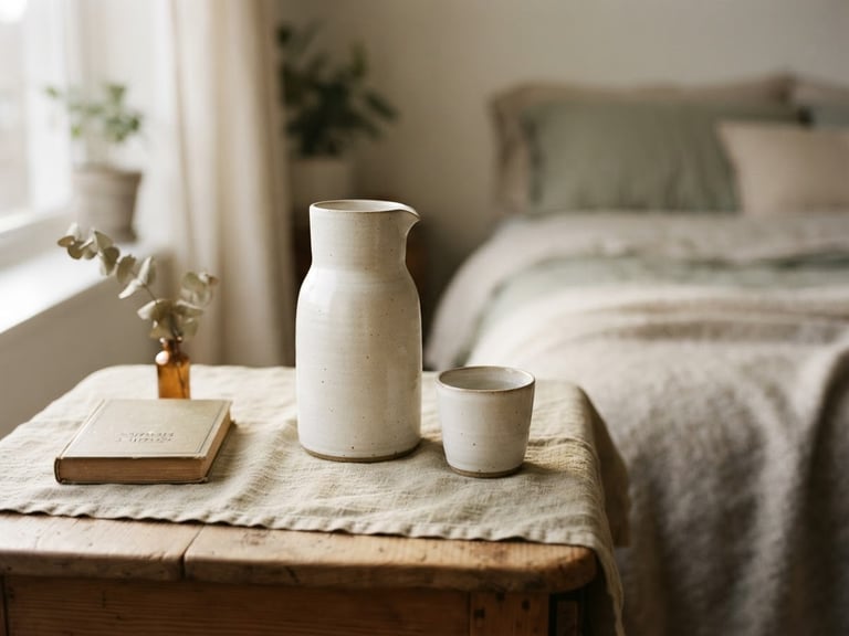 Warm editorial photography, soft diffused daylight, a serene bedside table with a textured linen cloth, a ceramic water carafe, and soft morning light casting gentle shadows, shallow depth of field