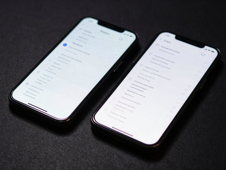 Close-up of two smartphones side by side on a matte dark surface displaying native app interfaces with structured data lists, cool studio strobe from above, sharp screen glare, no hands or people