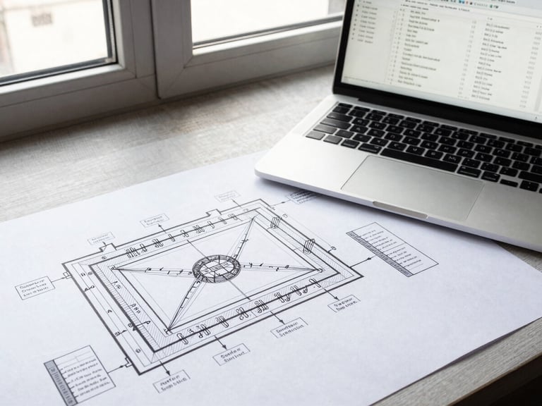 Overhead flat-lay of a system architecture diagram printed on large paper beside a laptop showing a terminal with deployment logs scrolling, cool daylight from a window, high contrast black-and-white schema lines