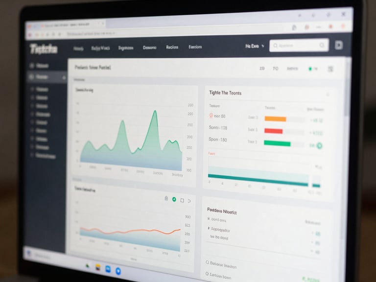 Tight crop of a browser window showing a high-performance web dashboard with real-time data tables and graph overlays, cool daylight on screen, shallow depth of field on monitor edge, no people