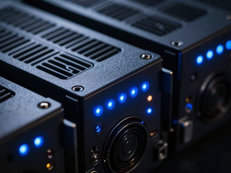 Extreme close-up of high-end server hardware, glowing blue LED indicator lights, dark metallic surfaces, high contrast, low-key studio lighting, 35mm