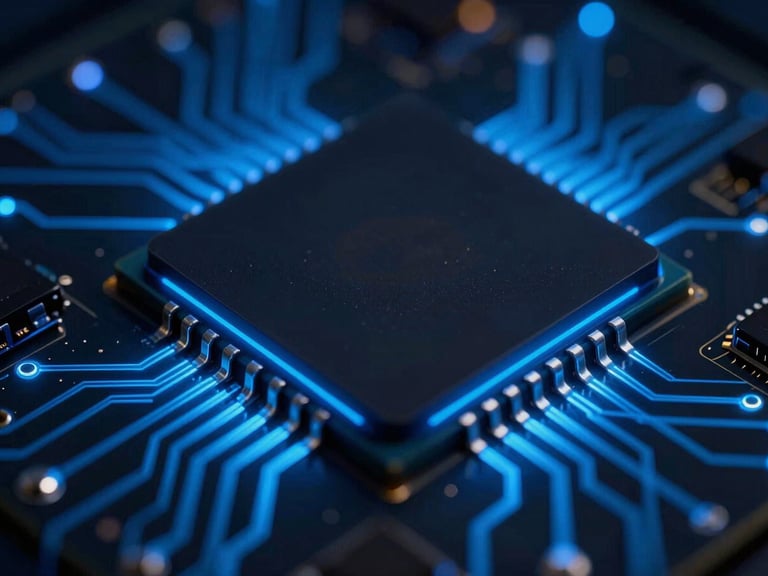 Extreme close-up of a dark silicon microchip with glowing electric blue circuitry lines, high contrast, 35mm