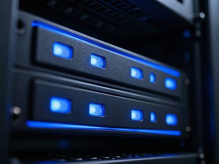 Macro shot of a dark metallic server rack with glowing blue status indicators, sharp rim lighting, high contrast