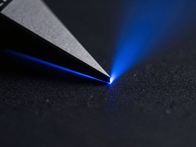 Abstract dark metallic prism splitting a single beam of electric blue light, macro lens, dark editorial photography
