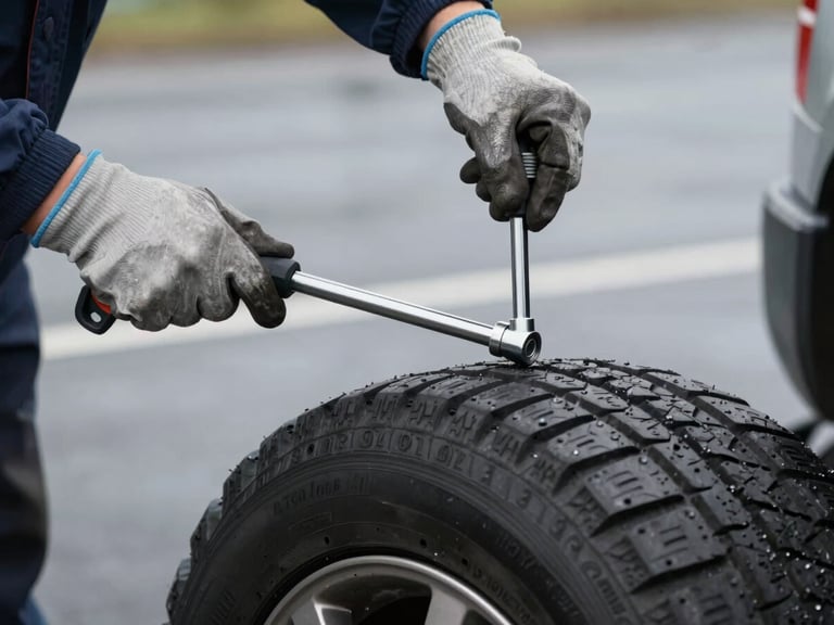 Close-up of a technician's hands in heavy-duty protective gloves using a professional torque wrench to secure a fresh tyre on a vehicle, overcast UK daylight, wet tarmac background.