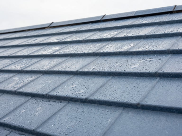 Close-up of clean slate roof tiles showing water-beading hydrofuge effect under bright overcast daylight, sharp focus, technical architectural shot
